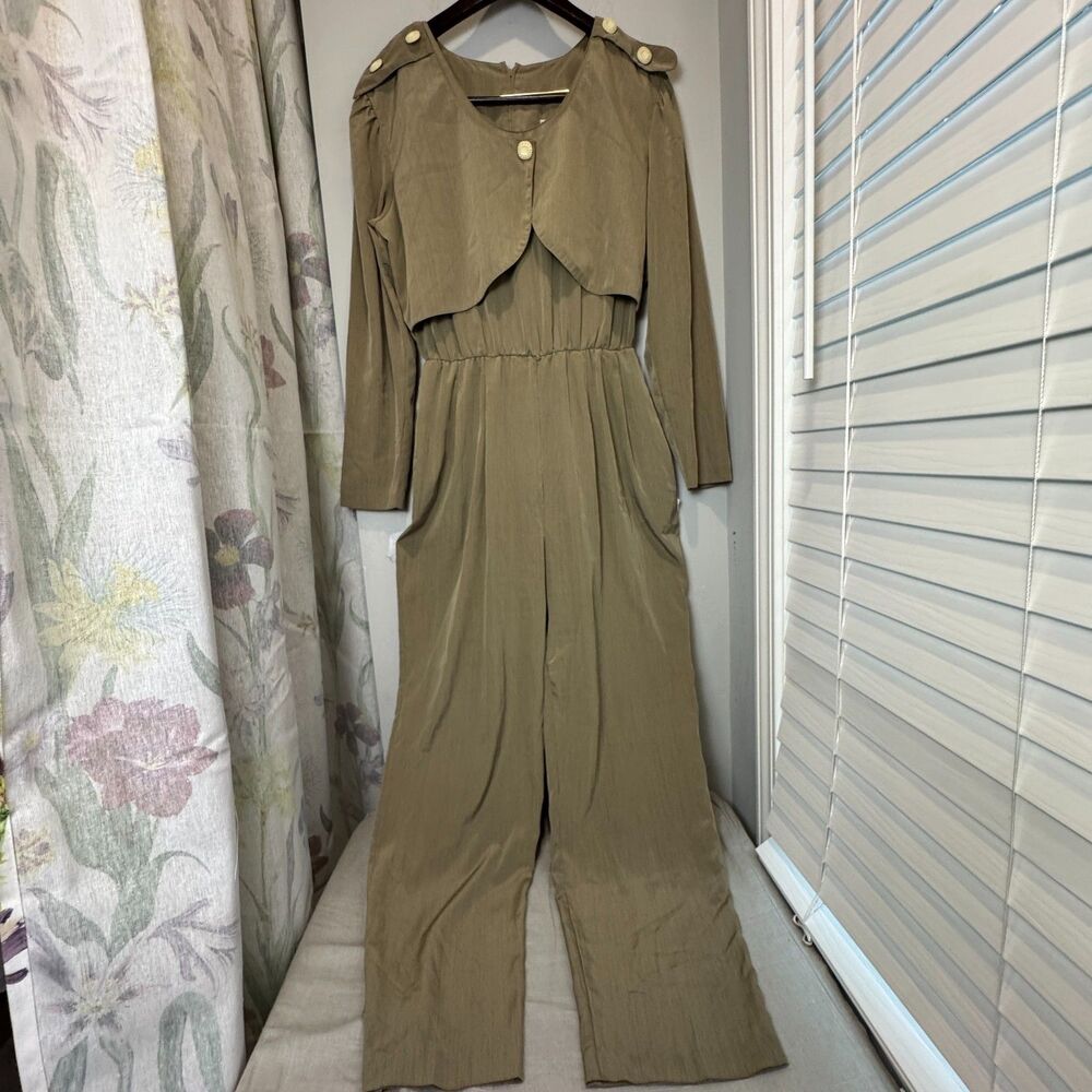 Vintage Oscar & Me Olive Green 80s Silky Polyester Jumpsuit Pantsuit Womens